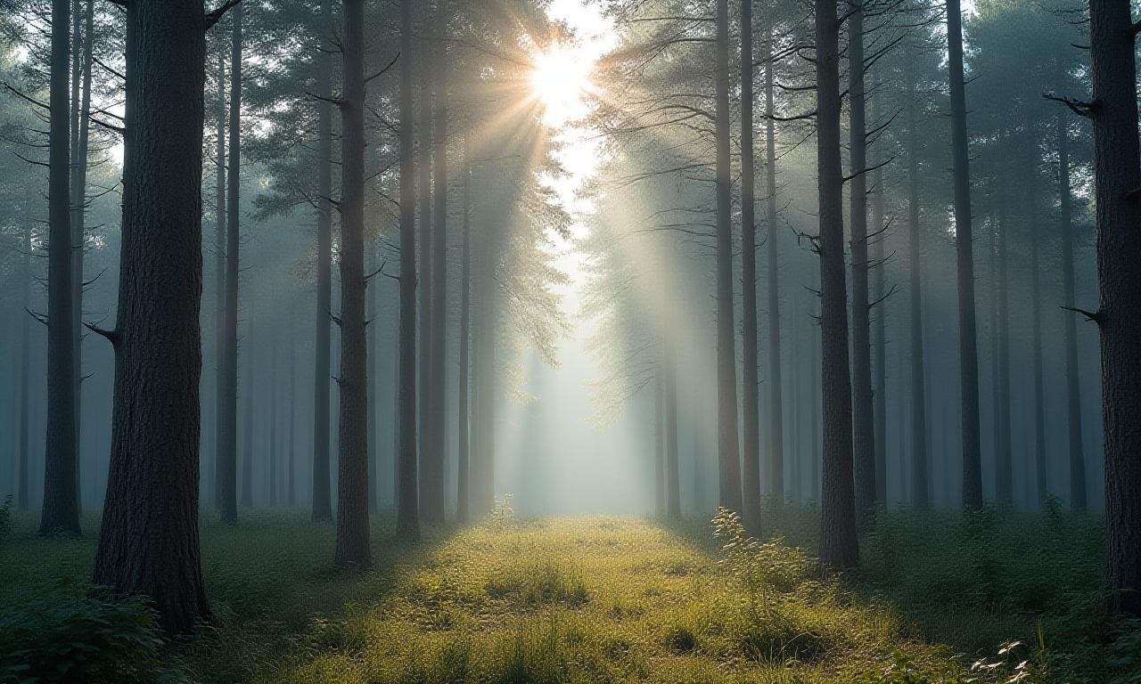 En lugn nordisk skog med solljus som silar genom träden, symboliserar Malmsten Möblers engagemang för hållbarhet.