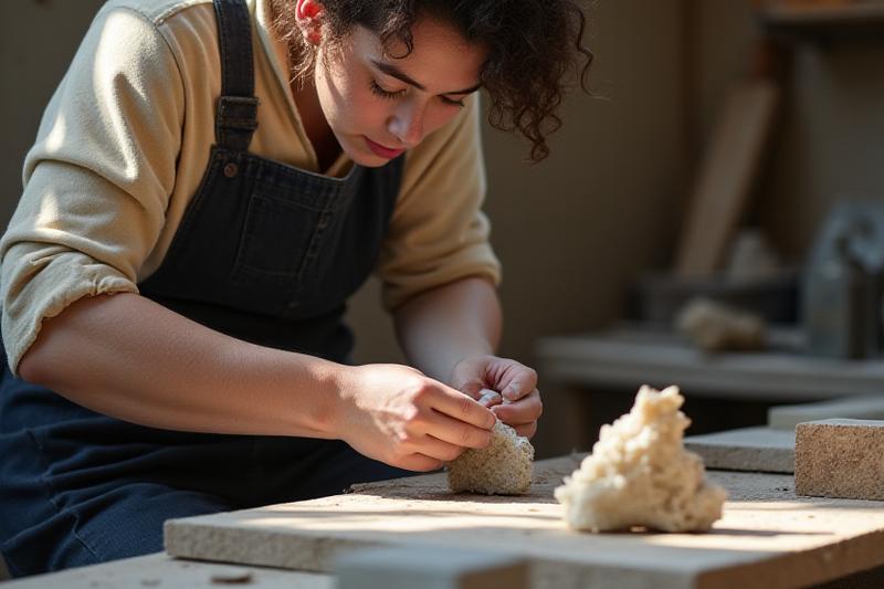 En hantverkare som arbetar med en stenbänk i en ljus verkstad
