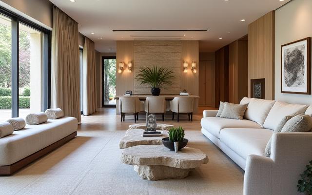 Ett elegant stylat vardagsrum med exklusiva möbler för home staging